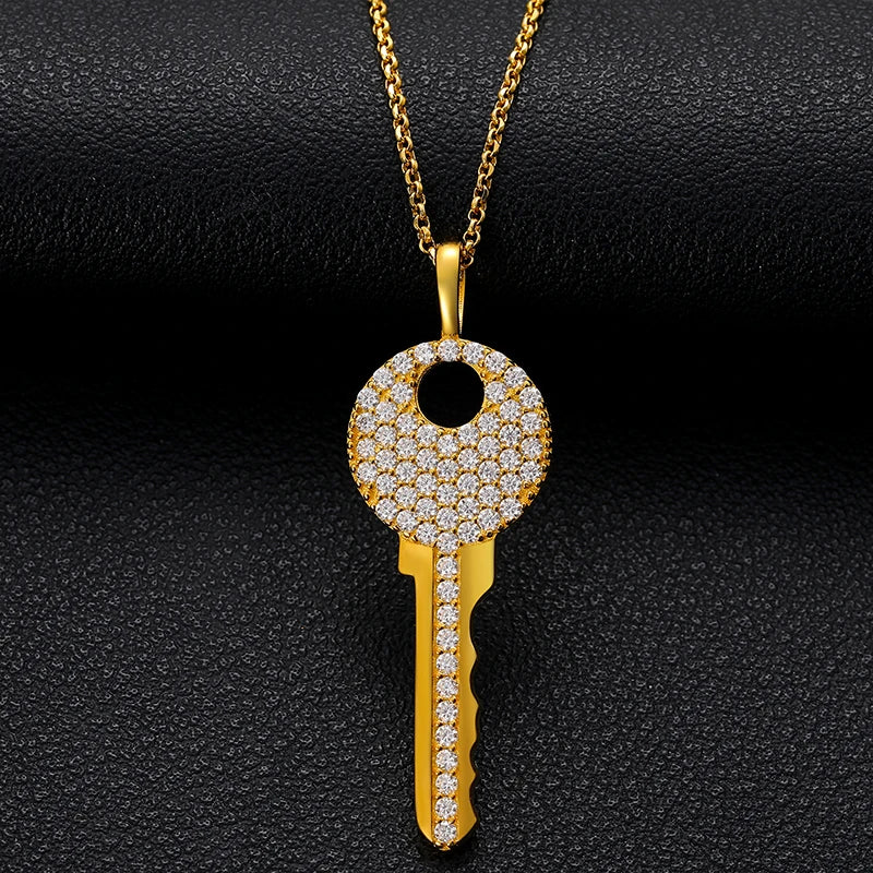 Wholesales Jewelry Gold Plated Key Shape Iced Out Pendant 925 Sterling Silver VVS D Color Moissanite Diamond Pendant Necklace