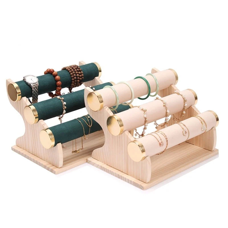 Popular Multi-color Suede PVC Wood Base Stepped Design 3 Bars Bracelet Bangle Watch Display Prop