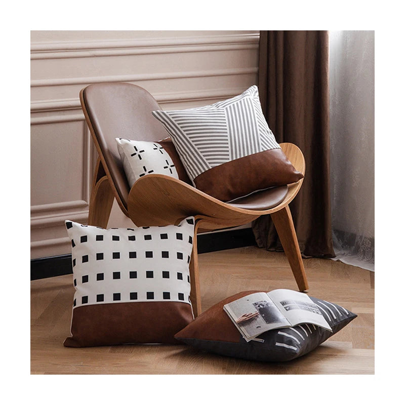 Innermor Modern Square Boho Decorative Throw Pillow Covers Faux Leather & White Cotton Canvas Zipper Closure Home Hotel Use