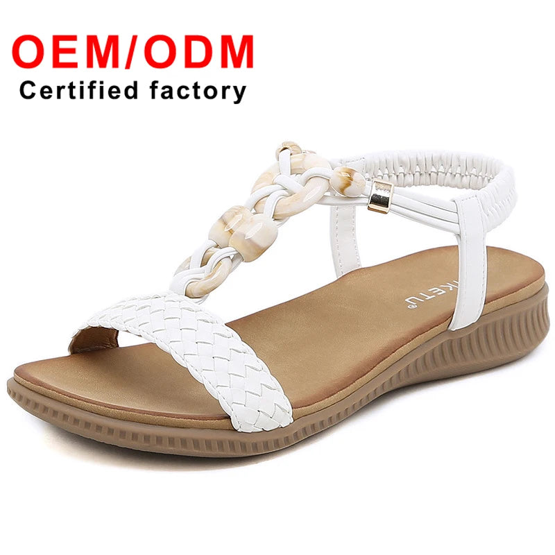 New Luxury Women's Casual Summer Retro Buckle Braided Fashion Casual Beaded Beach Elastic Strap Sandals Fashion Shoes Women