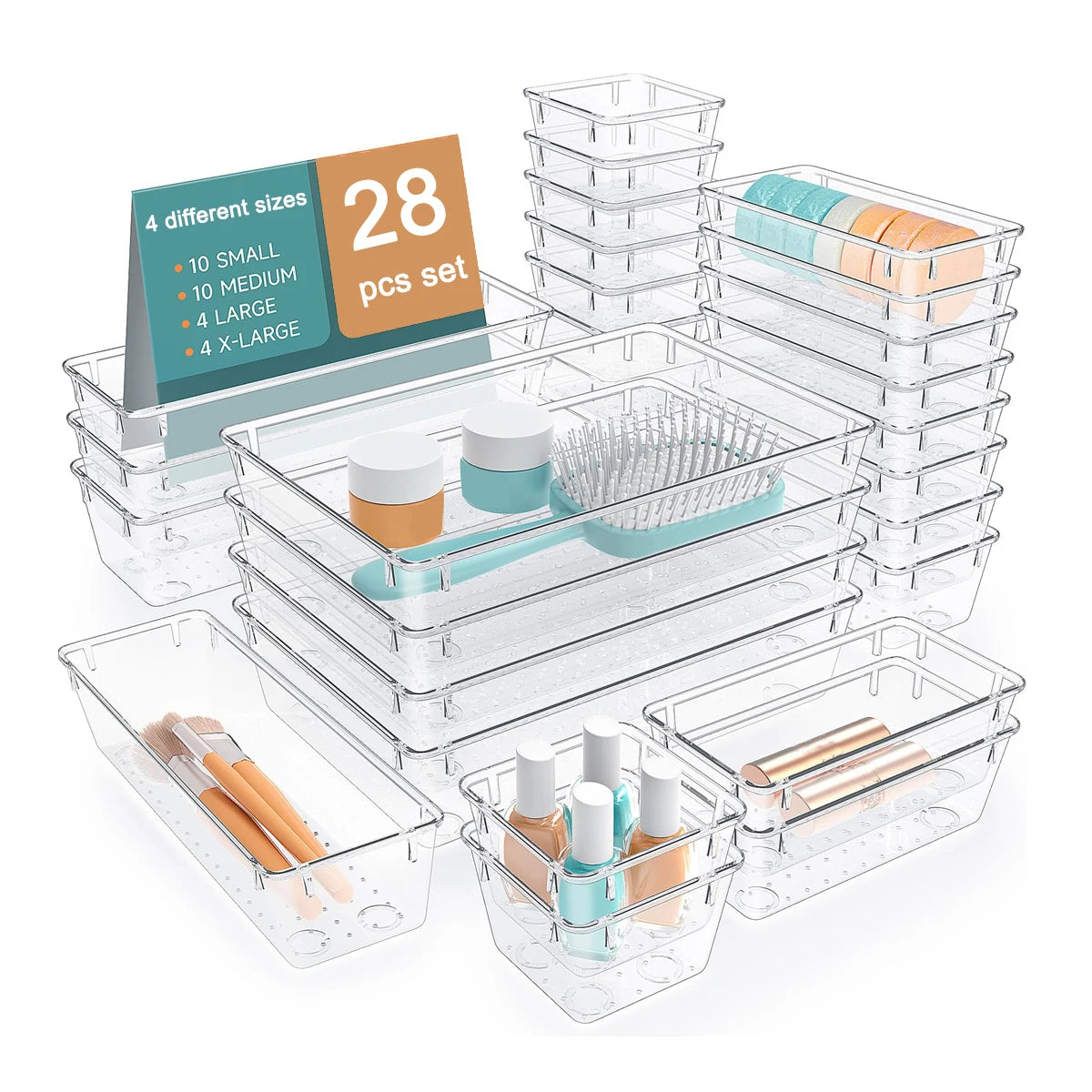 28 PCS Clear Drawer Organizer Set | Versatile Easy-Mount Storage Bins for Makeup