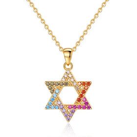 925 Sterling Silver Hexagram Star of David Pendant Necklace Gold Plated with Colorful Cubic Zirconia Trendy Style for Judaism