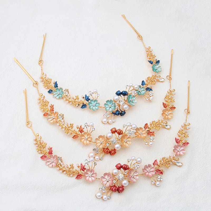Korean Bridal Wedding Crown Headdress Girl Pearl Rhinestone Alloy Flower Hair Band Accessories Bendable Metal Garland MegaBDM