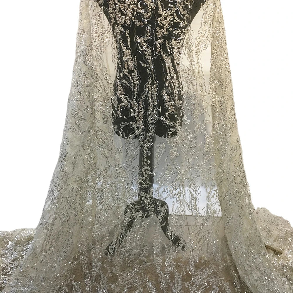 Handmade Bead Embroidery Luxury Lace Sequin Embroidered French Lace Fabric With Pearls for Bridal Dress Wedding