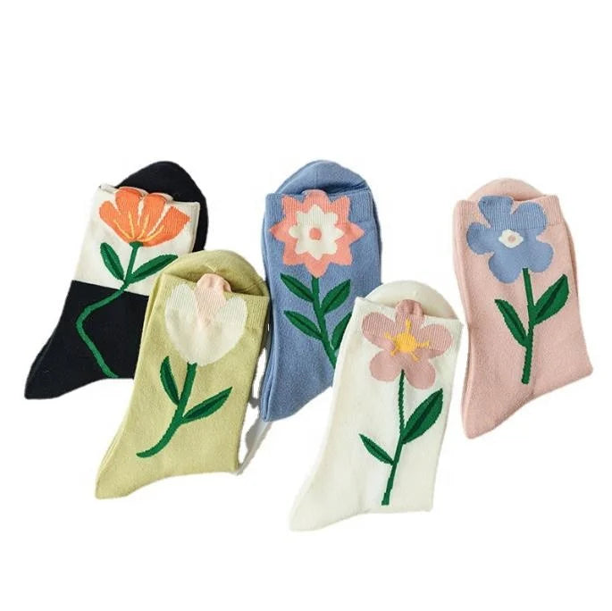 Flower Print Cotton Socks for  Woman Girls Sweet Mid Calf Socks With Tulip