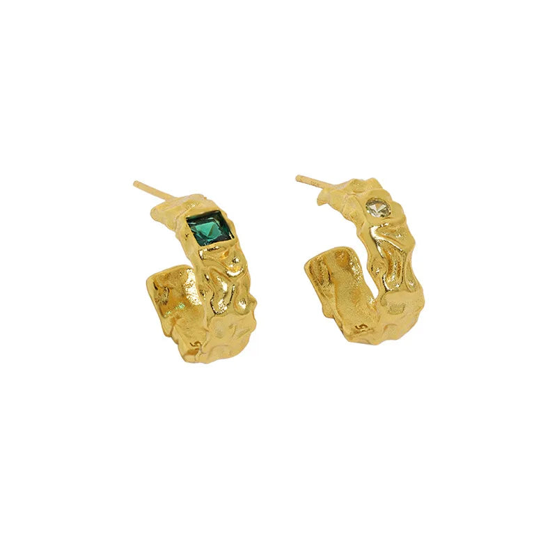 18K Gold Plated Texture Hoop Earrings Sterling Silver 925 Green Zirconia Stud Earings for Women