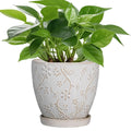 White Relief Flower Pattern Ceramic Plant Pot with Saucer Drainage Hole Garden Exquisite Planter Home Decoration