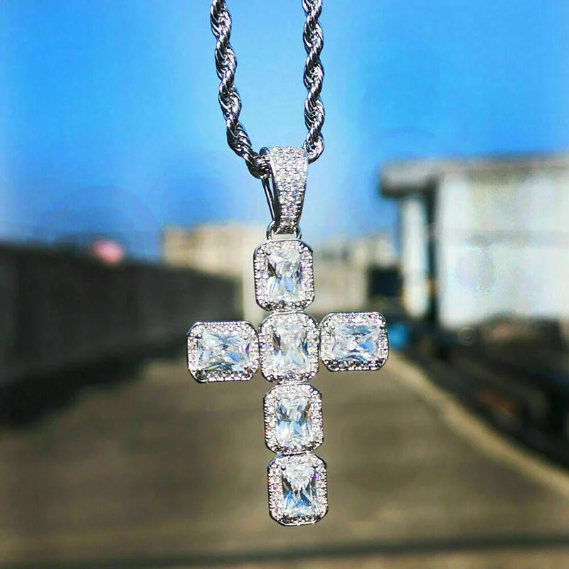 CAOSHI Simple Punk Inlaid Cubic Zirconia Silver Plated Cross Pendant Necklace for Women Men Jewelry