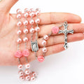 Fashion Religious Necklace Pink Imitation Pearl Rosary Beads Necklace Catholic Jesus Cross Necklace