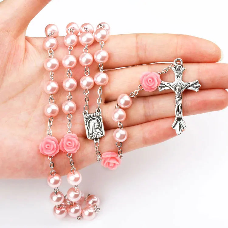 Fashion Religious Necklace Pink Imitation Pearl Rosary Beads Necklace Catholic Jesus Cross Necklace