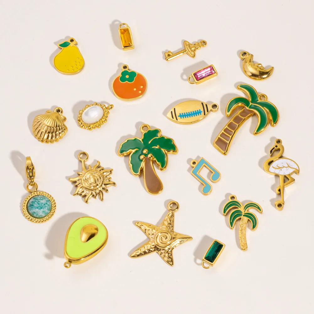 Ins Vacation Style Stainless Steel Charm Pendant Hawaii Enamel Coconut Tree Charms Fruit Charm for DIY Jewelry Making Supply