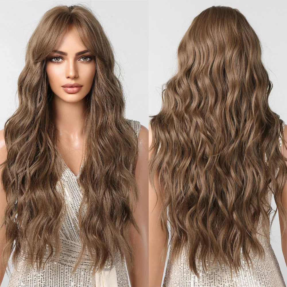 Wigs Wholesale Brown Long Wavy Synthetic Wig for Women False  Hair With Bangs Natural Blonde Wig Fiber