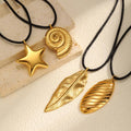 Trendy Ocean Style 18K Gold Plated Geometric Conch Pentagram Leaf Pendant Stainless Steel Necklace Set
