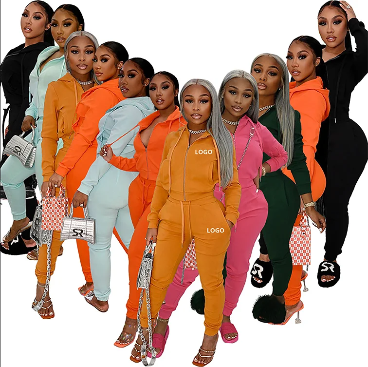 Women logo Blank Two Pieces Sweat Pants Sets Custom Tracksuits Women Sets Clothing Ladies Zip up Hoodie Sweatpants