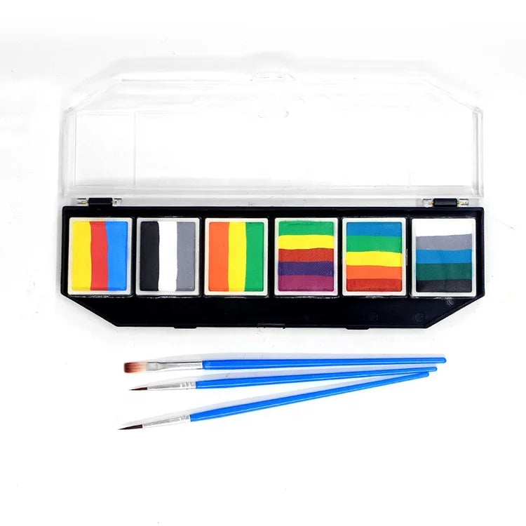 Safe & Non-Toxic Water Based Makeup Face Paint Face Painting Kit for Kids & Adults With 6 Colors Split Cake Palette 2 Brushes