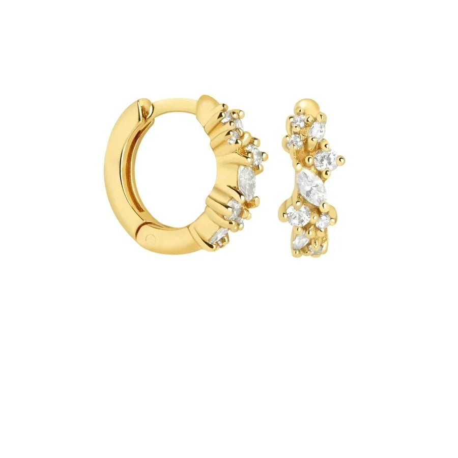 LOZRUNVE 925 Sterling Silver Cluster Flower Small Huggie Hoop Marquise cz Earring 18k Gold