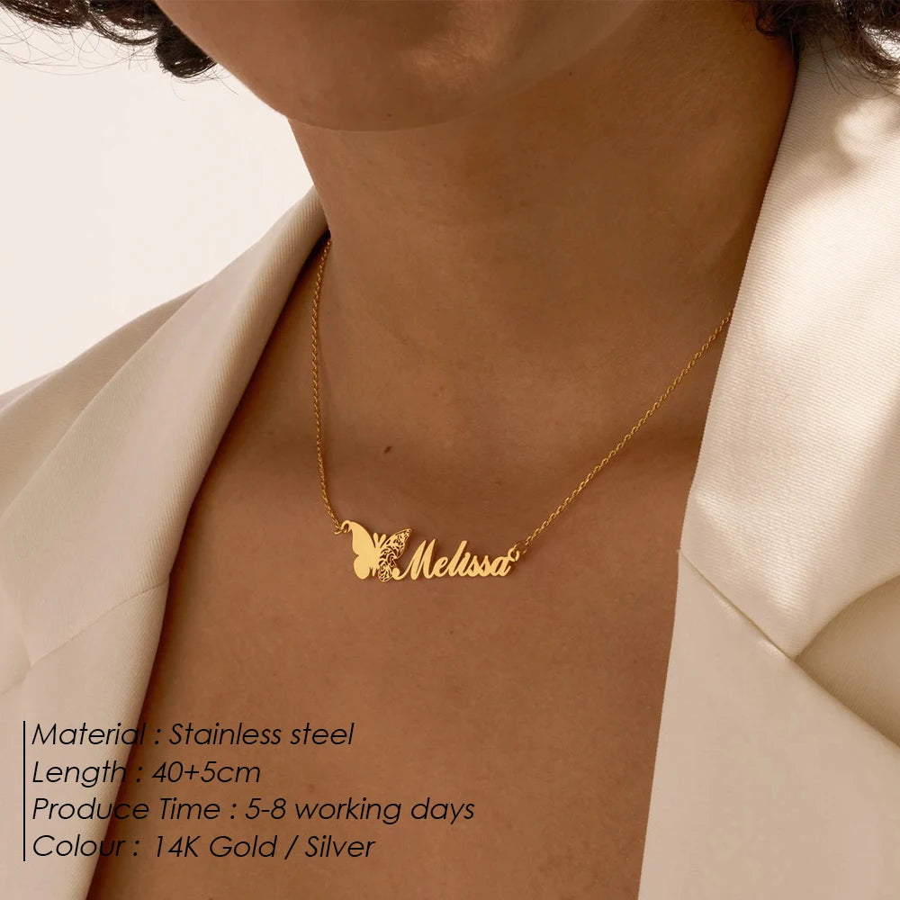 EManco Customizable Women's Stainless Steel Butterfly Name Necklace Gold Plated Letter Pendant Fashion Jewelry Wholesale