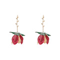 Dainty Women's Gold Plated Rose Stud Earrings Statement Fold Red Enamel Rose Flower Dangle Earrings for Birthday
