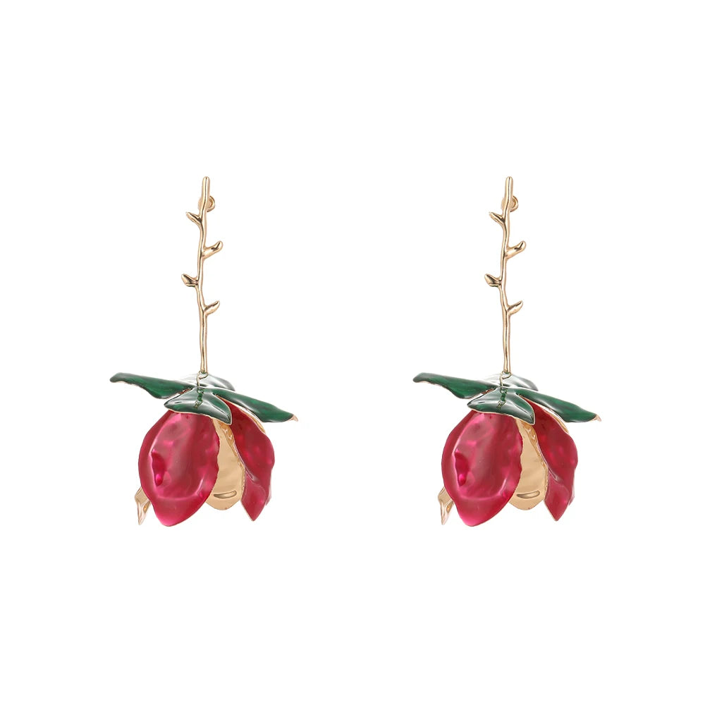 Dainty Women's Gold Plated Rose Stud Earrings Statement Fold Red Enamel Rose Flower Dangle Earrings for Birthday