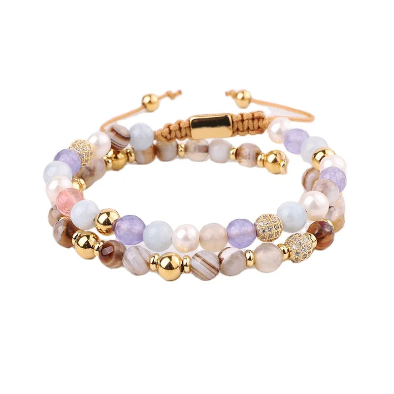 New Unique Design Natural Gemstone 18K Gold CZ Charm Pearl Beads Friendship Cord Bracelet Set Women