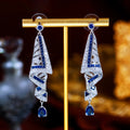 Glamorous Blue Cubic Zirconia Wedding Party Super Luxury Long Dangle Drop Earrings for Women Jewelry MegaBDM