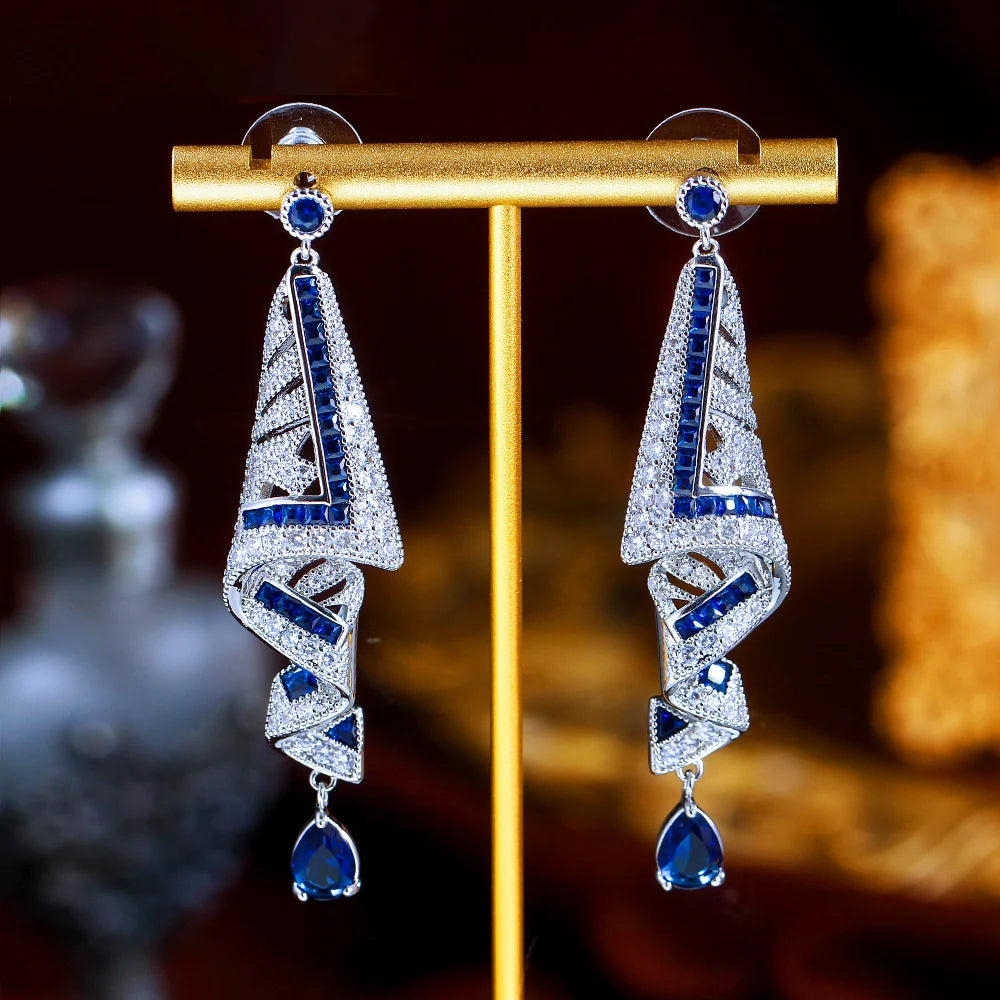 Glamorous Blue Cubic Zirconia Wedding Party Super Luxury Long Dangle Drop Earrings for Women Jewelry MegaBDM
