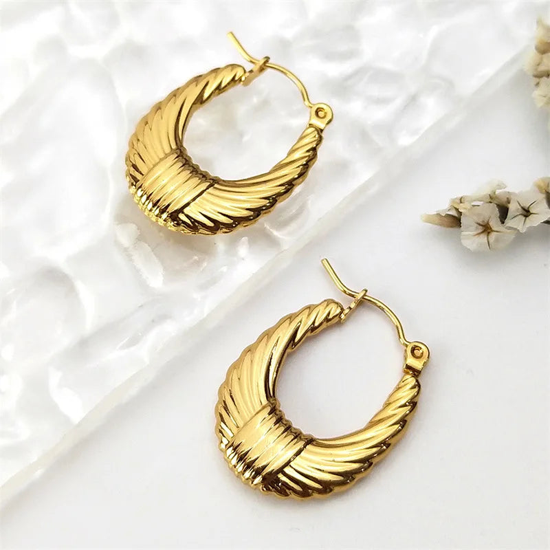 Fashionable 18k Gold-plated Textured Threaded Stainless Steel Earrings Circular Design for Minimalist Jewelry Earrings