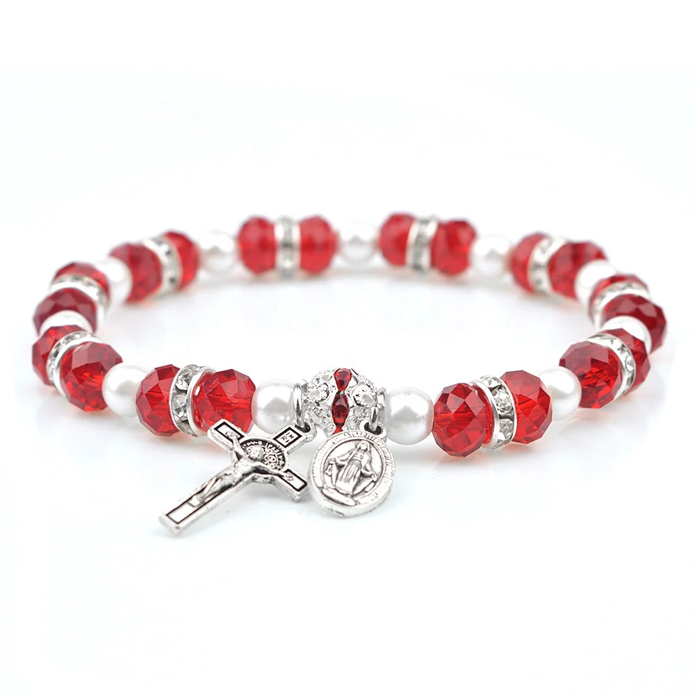 Women's Religious Elastic Bracelet Crystal Beaded Rosary with Catholic Crucifix Alloy Bangle Style Number and Cross Pattern