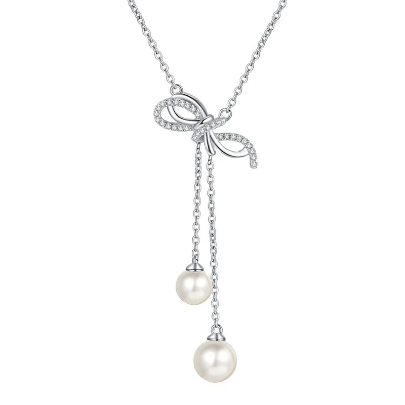 2023 New 925 Silver Fashion Hundred Moissanite Necklace Pearl Ribbon Tassel Necklace Manufacturers Can Customize Wholesale