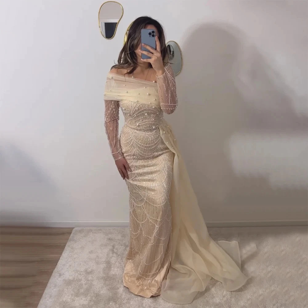 Jancember SZ259 Classic Champagne Long Sleeve Asymmetric Evening Prom Dresses