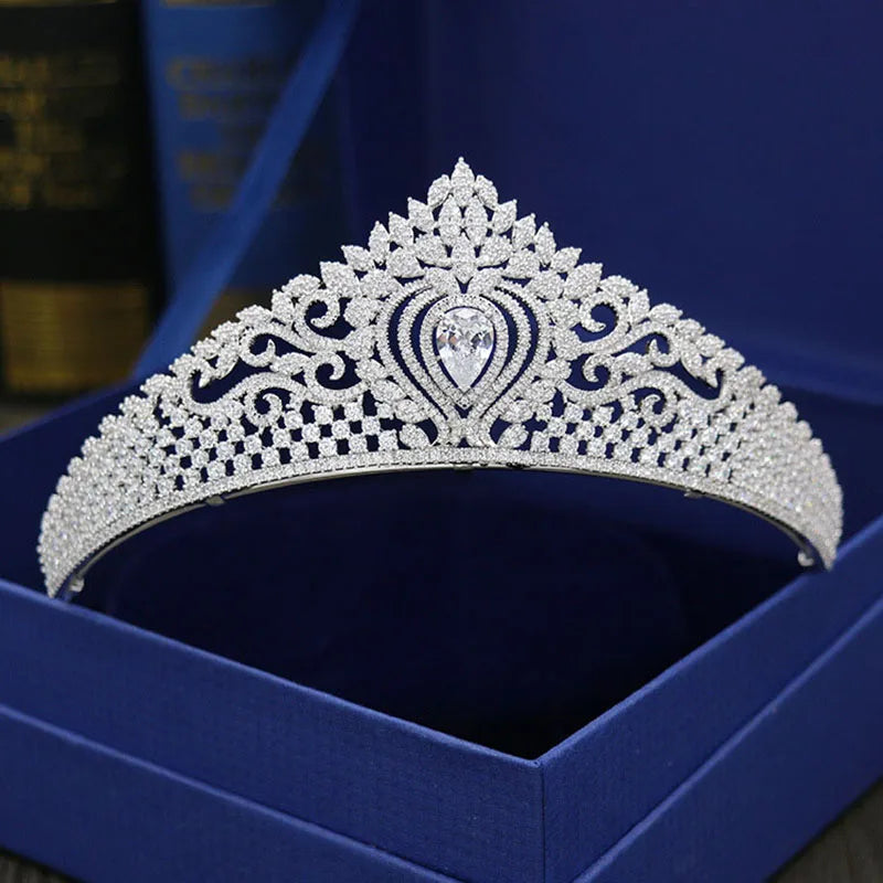 SLBRIDAL Sparkling Top Cubic Zircon Wedding Tiara CZ Bridal Queen Princess Pageant Royal Party Crown Goddess Women Jewelry