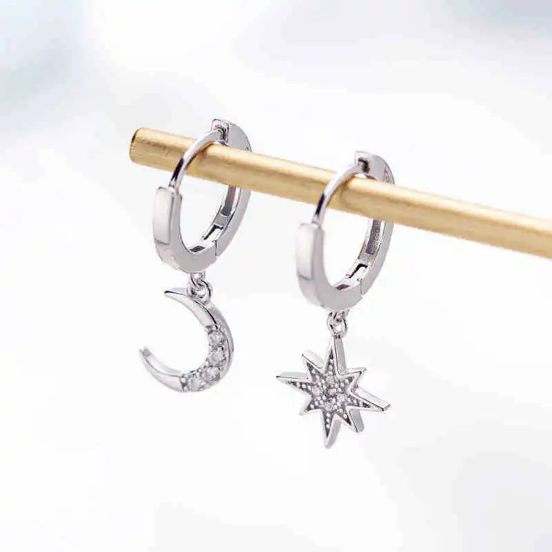 Fashion 14K Gold PVD Plated 316L Stainless Steel Micro Pave Clear Crystal Zircon Star Moon Pendant Hoop Earring