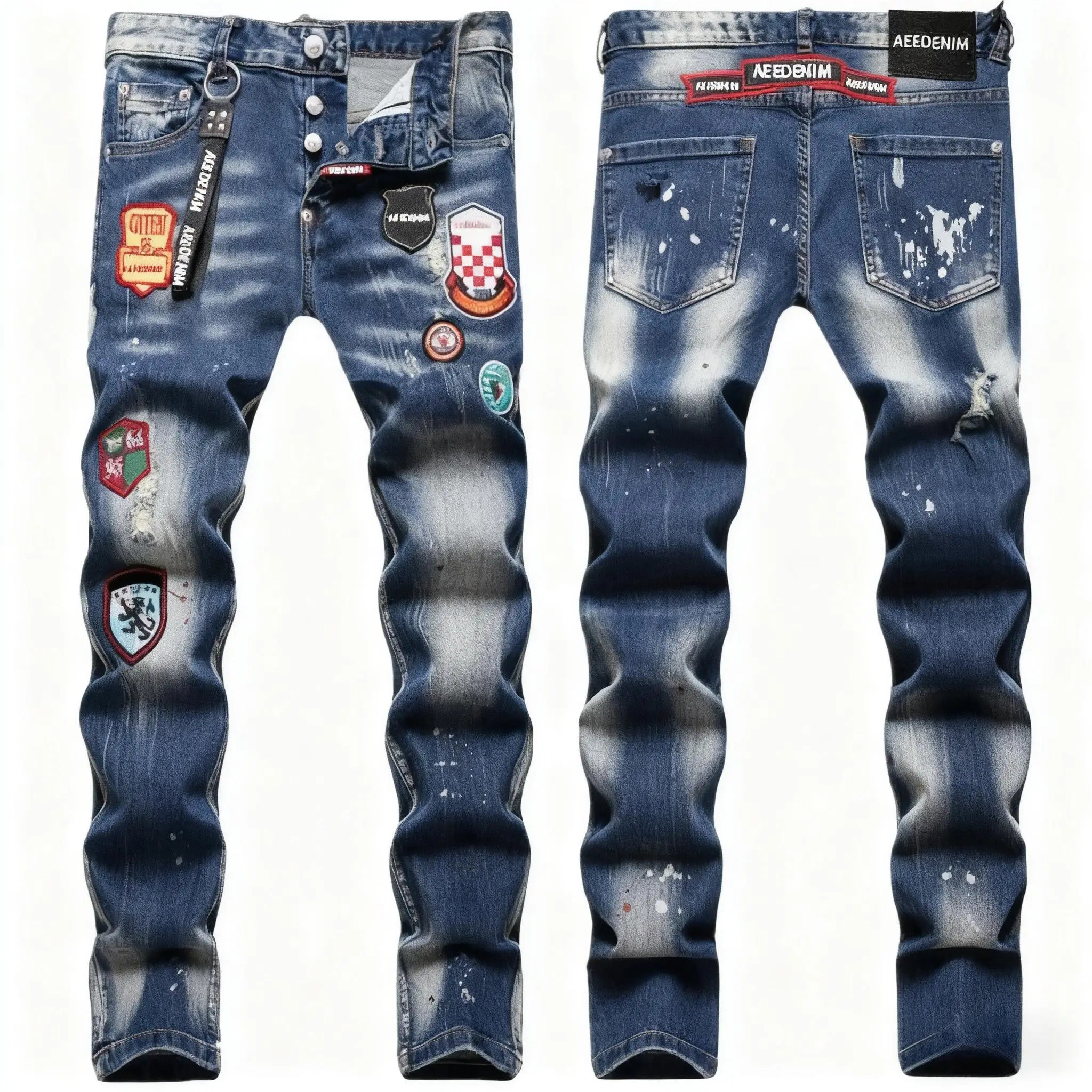 OEM Italian Trendy Brand Spandex/Cotton Elastic Foil Print Monkey Letter Patchwork Ornaments Decoration Small Straight Jeans