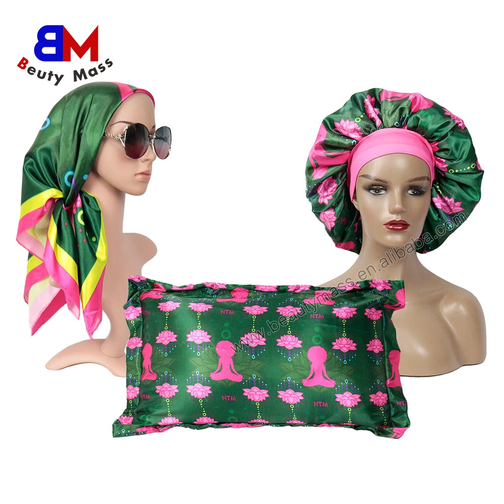 Customize Printed Satin Pillow Case Set Satin Hair Bonnet Elastic Band Scarf Women Sleeping for Braid Hair