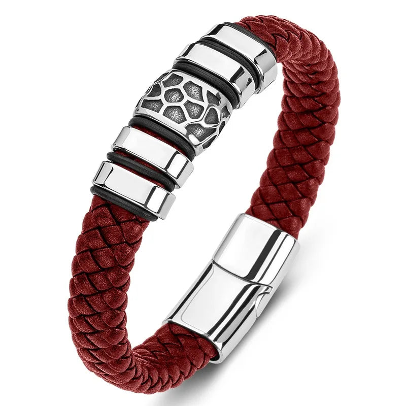 Handmade Braided Stainless Steel Bead Bracelet Leather Unisex