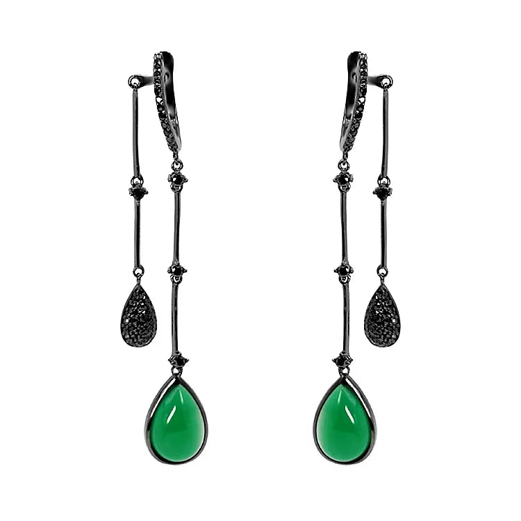 Trendy Luxury Fashion Jewelry 925 Silver Rhodium Plated Black Rhodium Hoop Earrings Green Agate Aqua Chalcedony Black Spinel for
