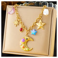 Trendy Stainless Steel Cartoon Charm Necklace Non Tarnish 18k Pvd Gold Plated Colorful Moon Star Charm Necklace for Women
