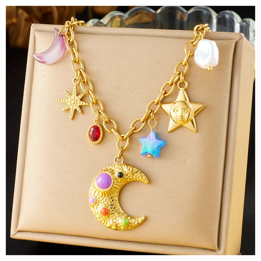 Trendy Stainless Steel Cartoon Charm Necklace Non Tarnish 18k Pvd Gold Plated Colorful Moon Star Charm Necklace for Women