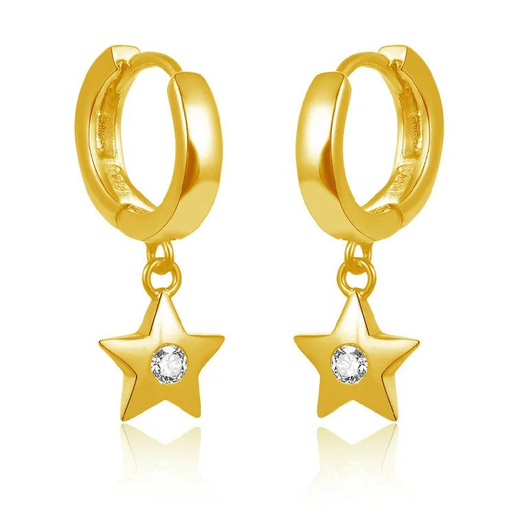 18K Gold Plated 925 Sterling Silver Artisan Jewelry Earrings with Zircon Gold Star Dangle Design-Trendy Wedding Gift Idea