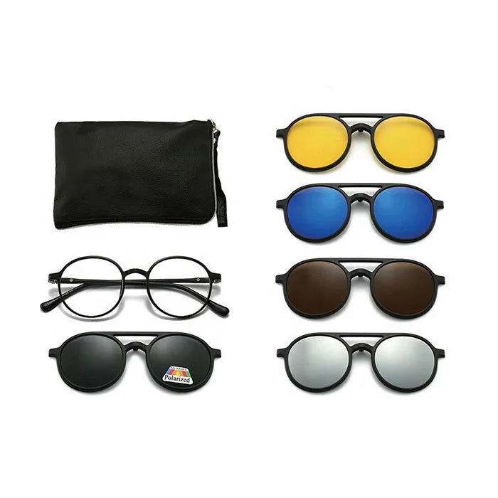 Fashion 5 in 1 Magnet Clip-On TR90 Sunglasses Polarized Glasses Set with Printed Pattern