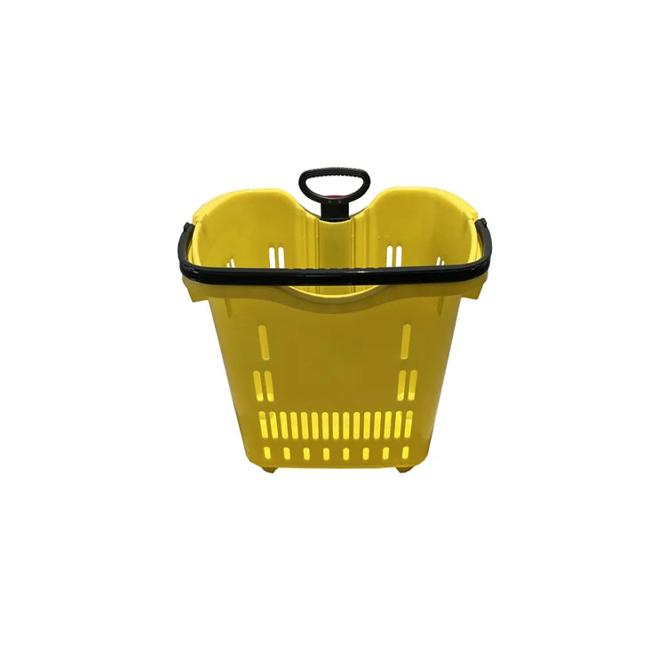 Supermarket Plastic 45L 2 Wheels Rolling Shopping Basket with Pull Handle