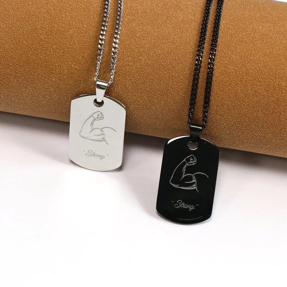 Men's Stainless Steel Necklace with Link Chain New Design Customized Engraved Inspirational Phrase Rectangle Tag for Boys