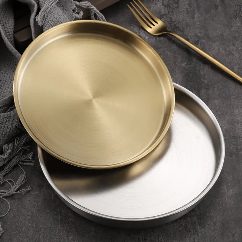 Korean Style Stainless Steel Dinner Plates Mirror Silver Gold Dining Plate Serving Dishes Eco-Friendly Cake Tray for Western