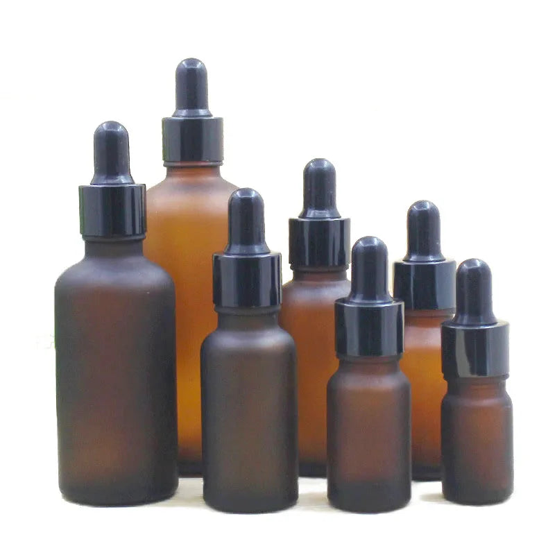 Luxury 5ml 10ml 20ml 30ml 50ml Amber Frosted Glass Eye Drop Bottle with Black Anodized Aluminum Cap for Essential Oils Perfume