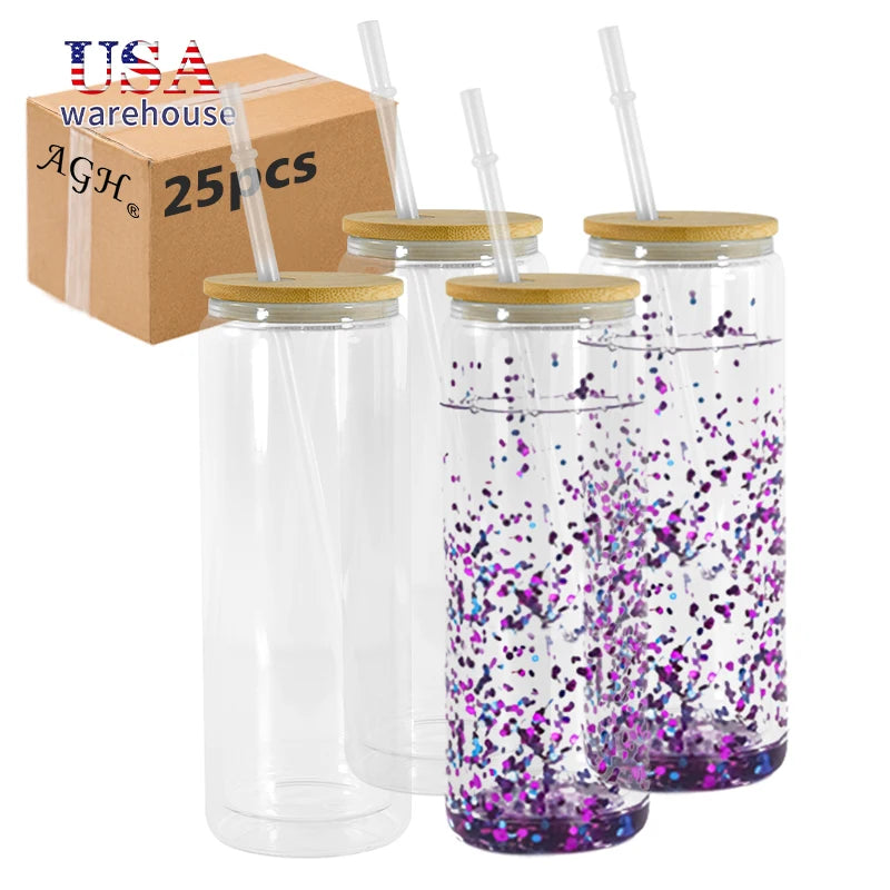 Free Shipping US Warehouse 25pcs 25oz Clear Double Wall Soda Can Shape Snow Globe Sublimation Glass Beer Can With Bamboo Lid
