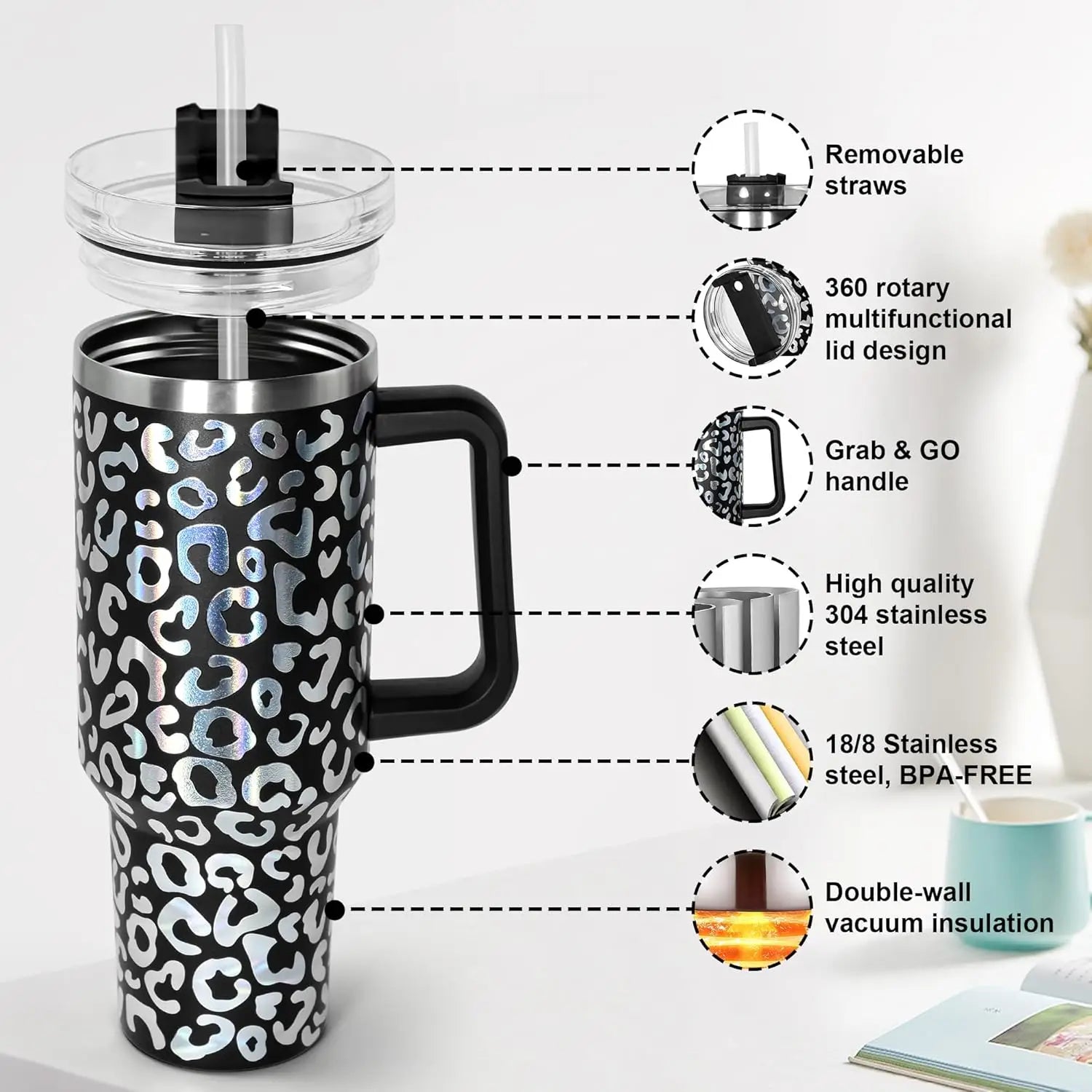 Customize Logo Sweet Grain 40 oz Tumbler With Handle Leopard Stainless Steel Lavender Rose Leopard Print Tumbler and Straw Lid