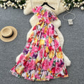 LW0874 Holiday Style Slant Shoulder Ruffled Patchwork Print Dress Women'S Lace Waist Long Elegant Casual Women'S Dresses