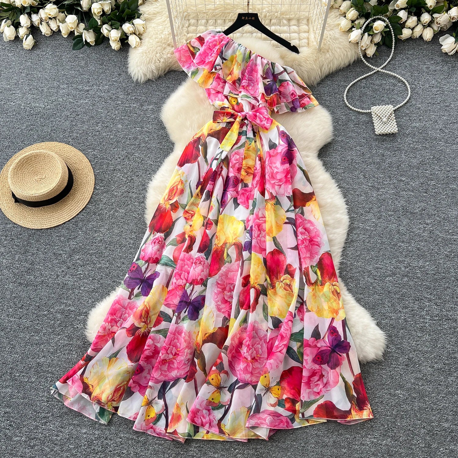LW0874 Holiday Style Slant Shoulder Ruffled Patchwork Print Dress Women'S Lace Waist Long Elegant Casual Women'S Dresses