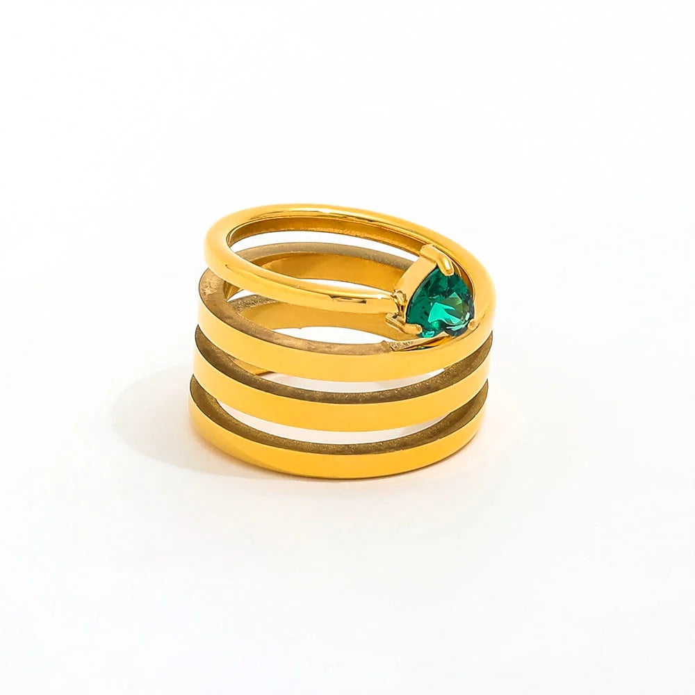 18K PVD  Tarnish Free & Waterproof Multi-layer Spiral Cubic Green Heart Zirconia Stainless Steel Ring Jewelry