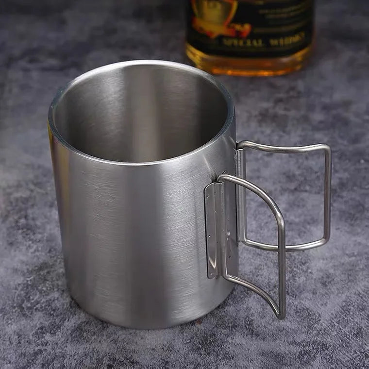 Simple Eco-Friendly Double Wall Stainless Steel Camping Travel Mug with Foldable Handle 200ml/300ml BKF D005